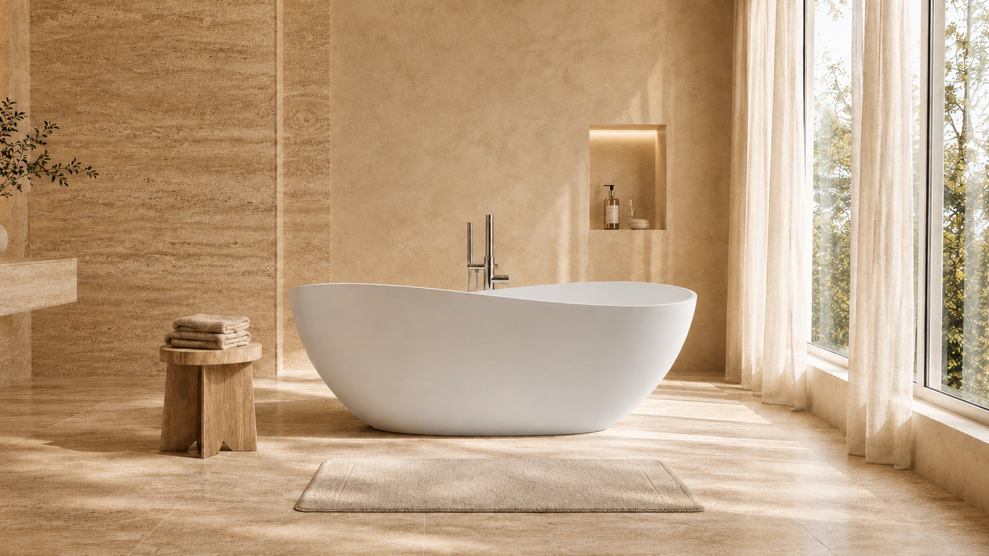Sunlit travertine bathroom with a freestanding bathtub