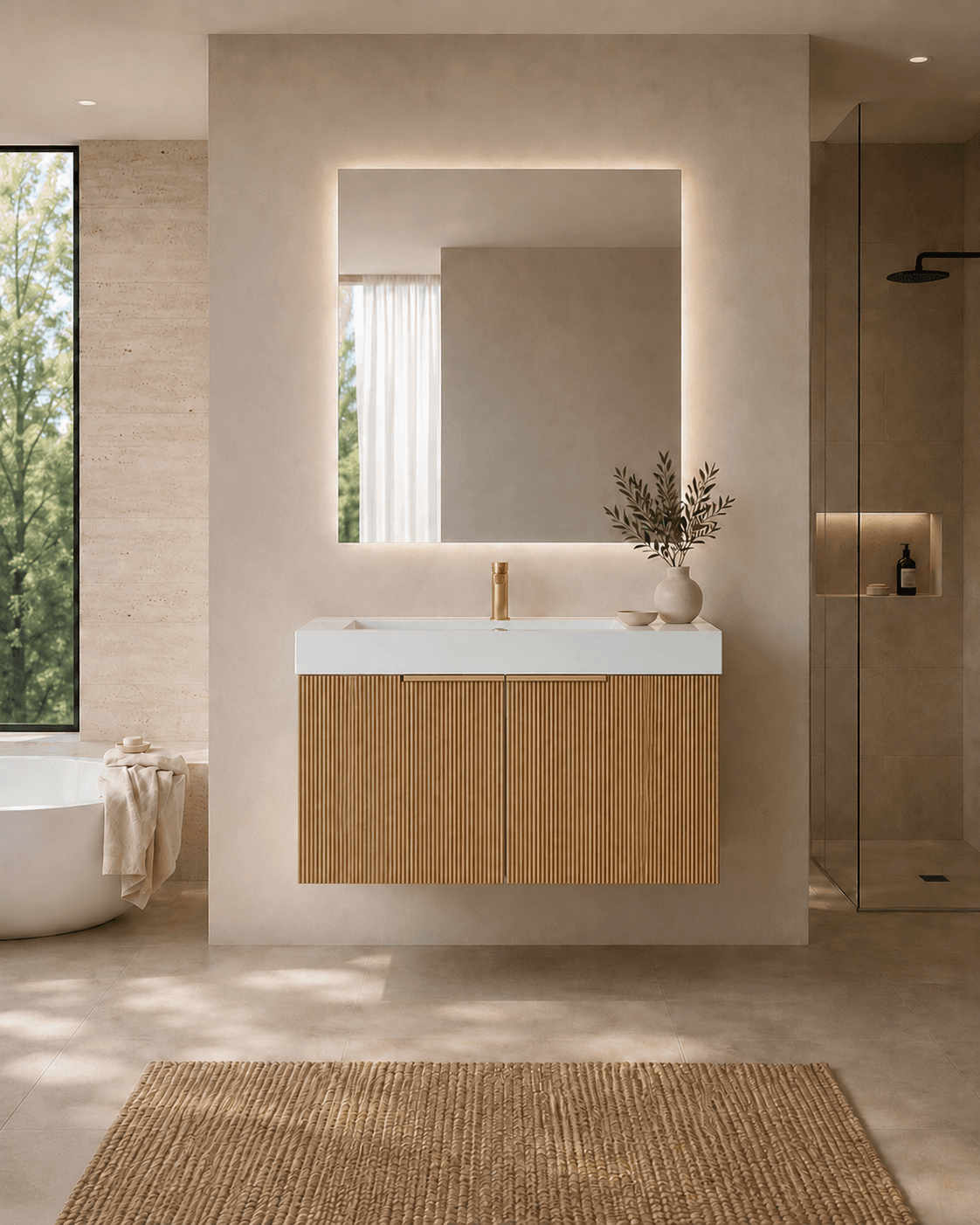 Natural wood floating vanity with brass fixtures